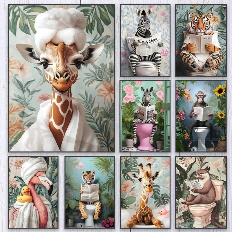 Resin Art On Canvas - زيبرا على المرحاض الحمام المشارك الزرافة